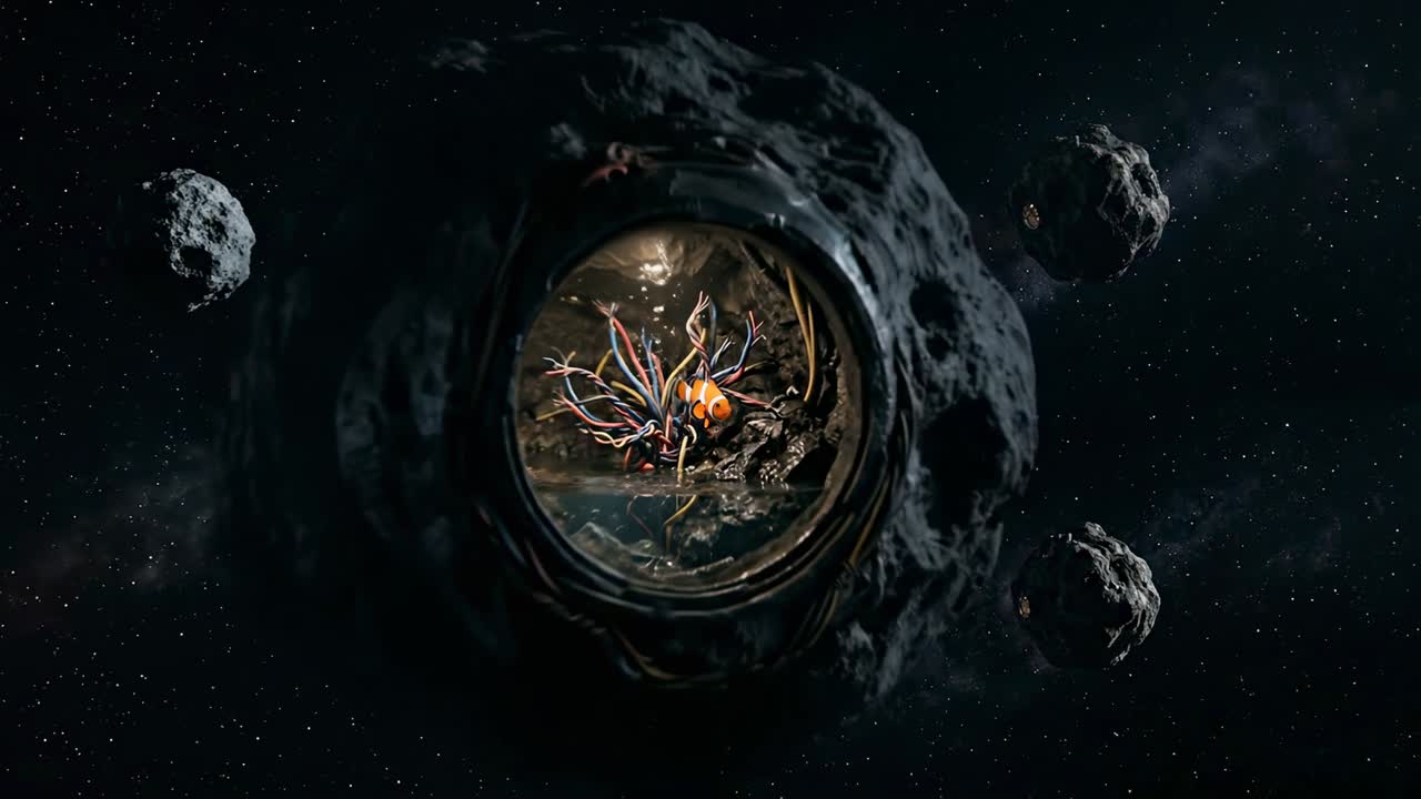 Habitat surreale per pesci pagliaccio all'interno di un asteroide fluttuante nello spazio