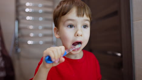 beautiful toddler boy is cleaning teeth. close up portrait of the kid using a toothbrush in the bathroom.