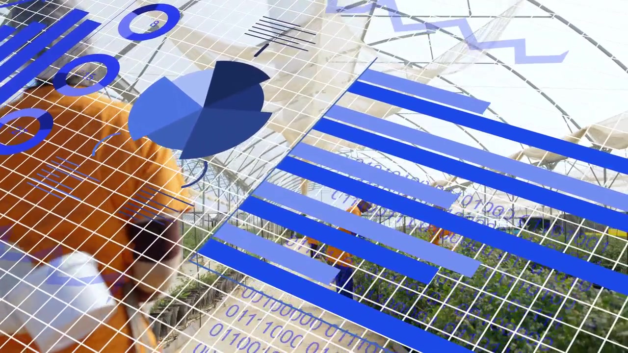 Data overlay expanding, foreground worker walking left to inspect plants, bar charts sweeping