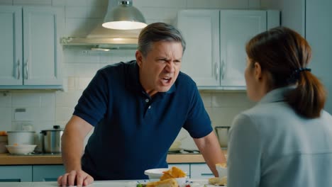 Heated domestic argument unfolding near kitchen table, with frustrated male partner verbally attacking female partner, aggressively blaming while she attempts calm explanation of situation