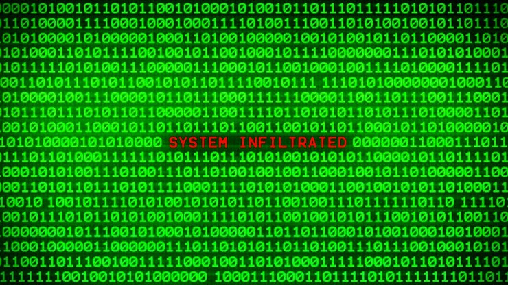 SYSTEM INFILTRATED Word Revealing on Wall of Green Binary Code Between Random Binary Data Matrix Background