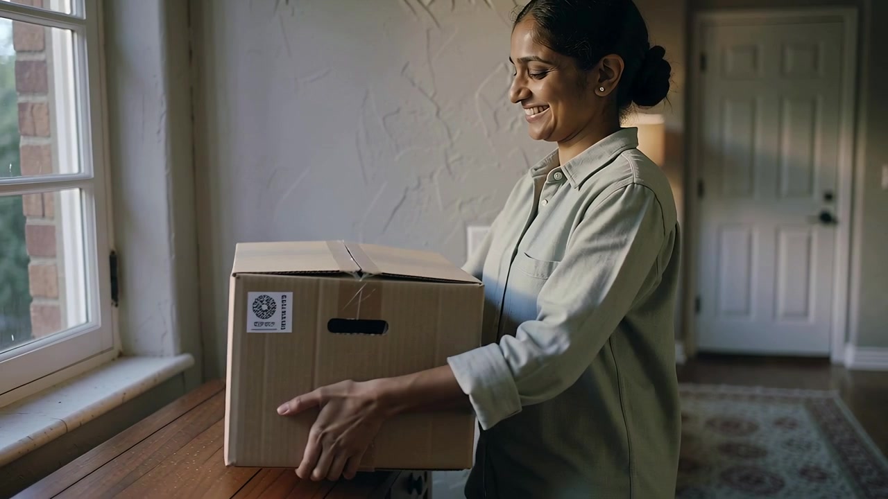 Appearing at doorway, woman in casual top carrying cardboard box entering foyer