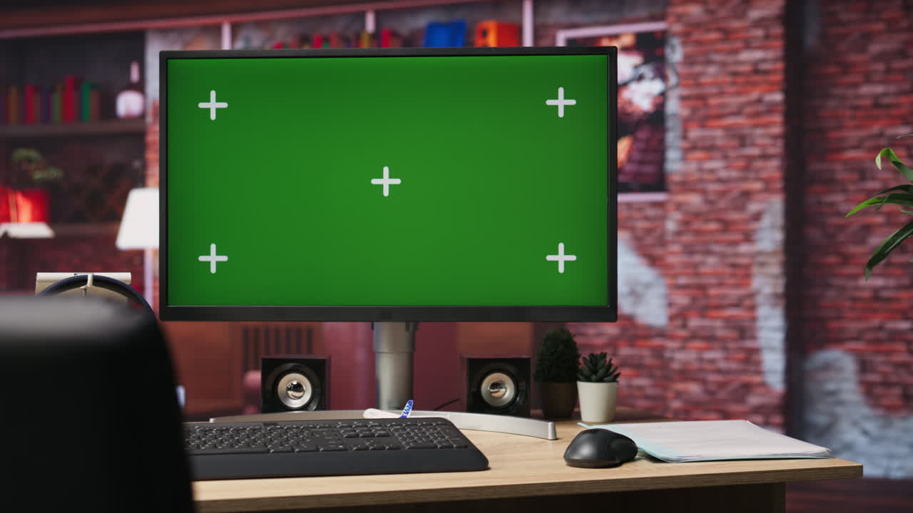 백그라운드에 책으로 가득 찬 선반과 함께 다락방에 있는 크로마 키 컴퓨터 디스플레이