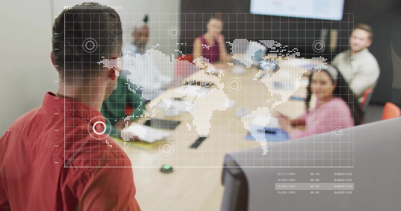 Animation of financial data processing over diverse business people in office