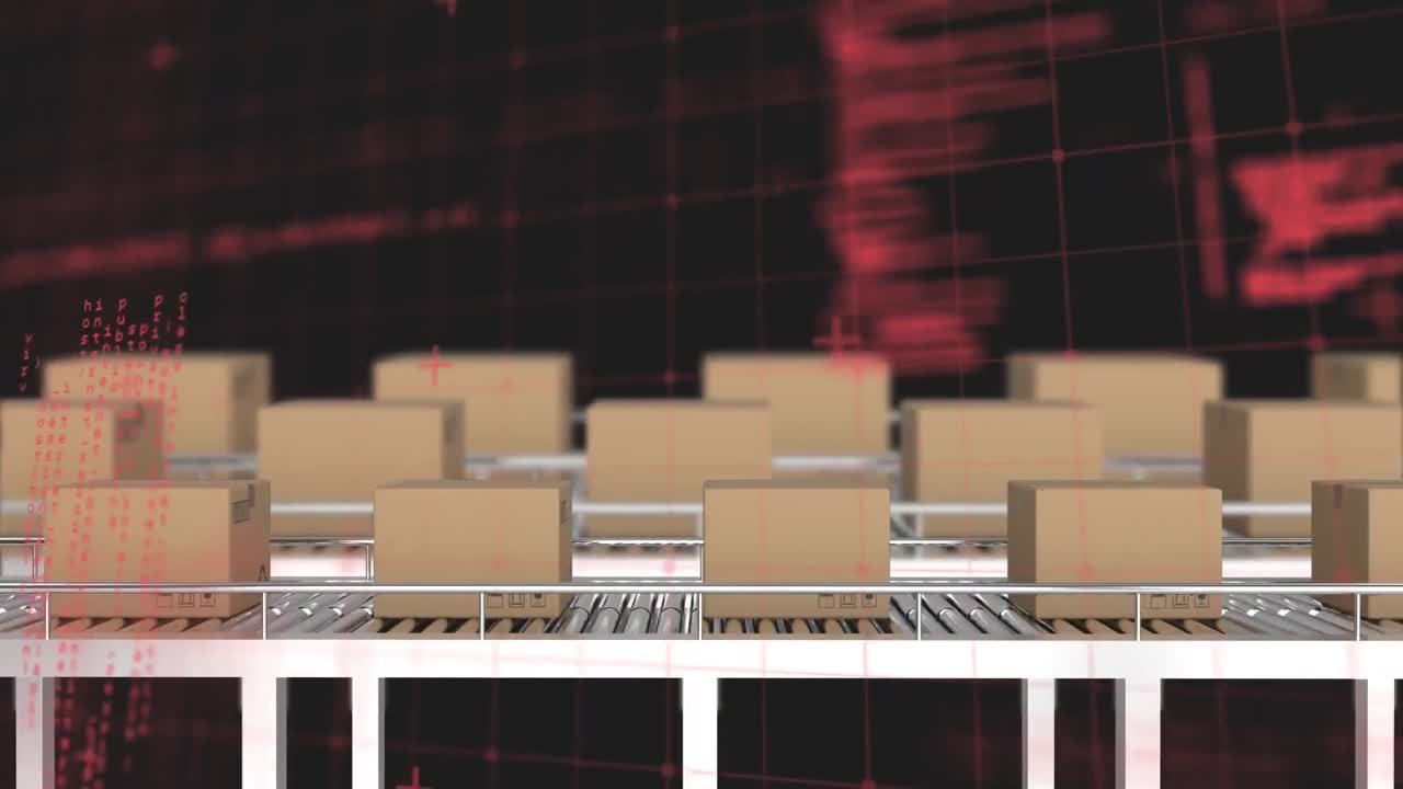 컨베이어 벨트에 있는 여러 배달 상자에 대한 그리드 네트워크를 통한 데이터 처리