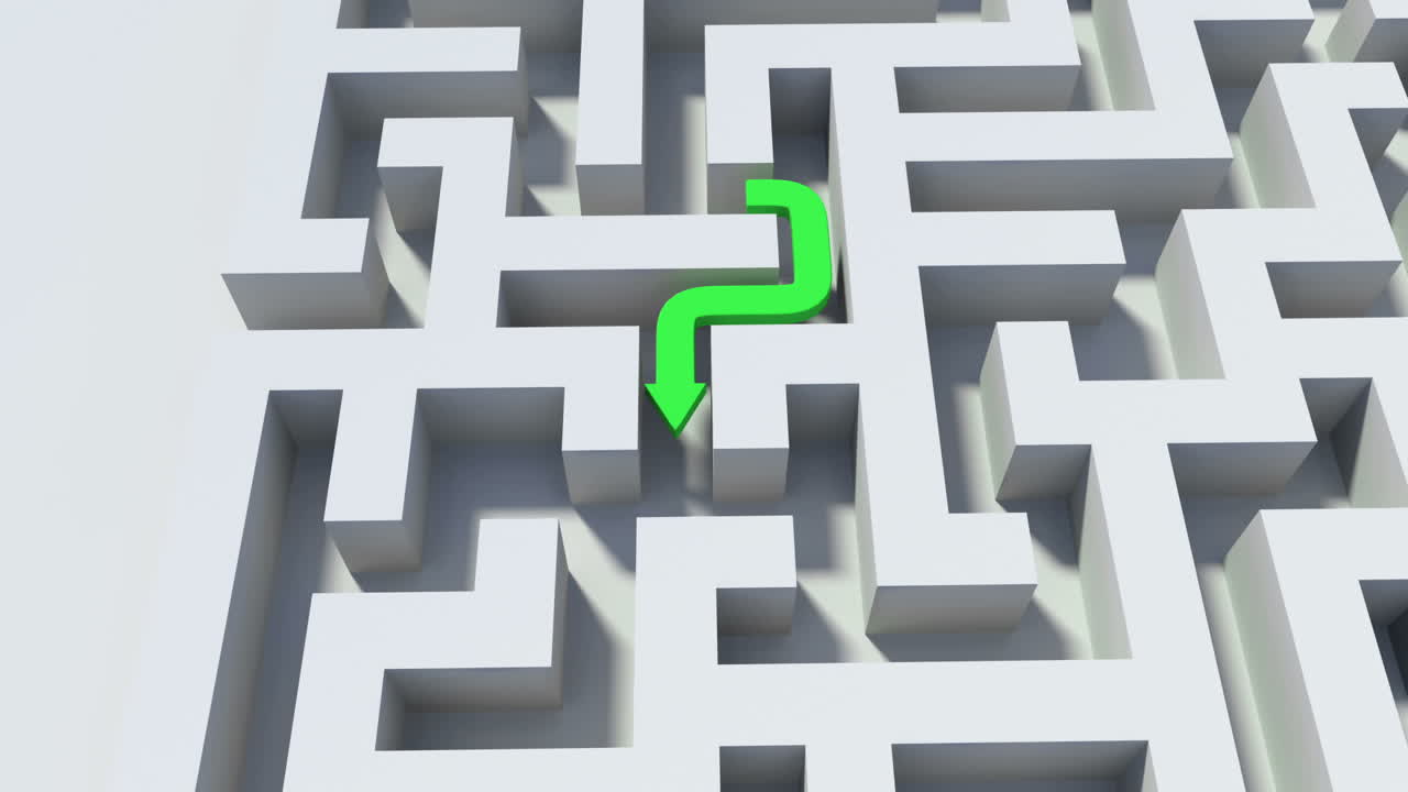 미로를 가로질러 가는 초록색 선의 위에서 아래로 볼 수 있습니다.