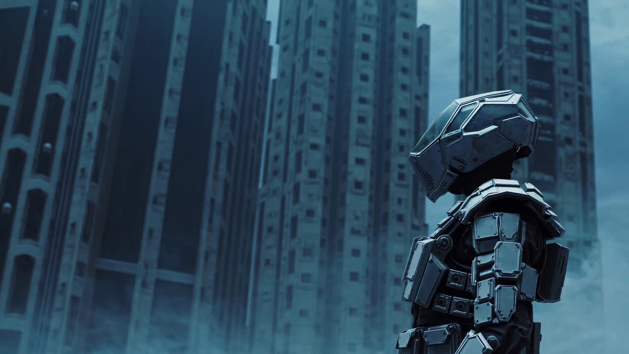 Futuristic soldier in a post-apocalyptic city