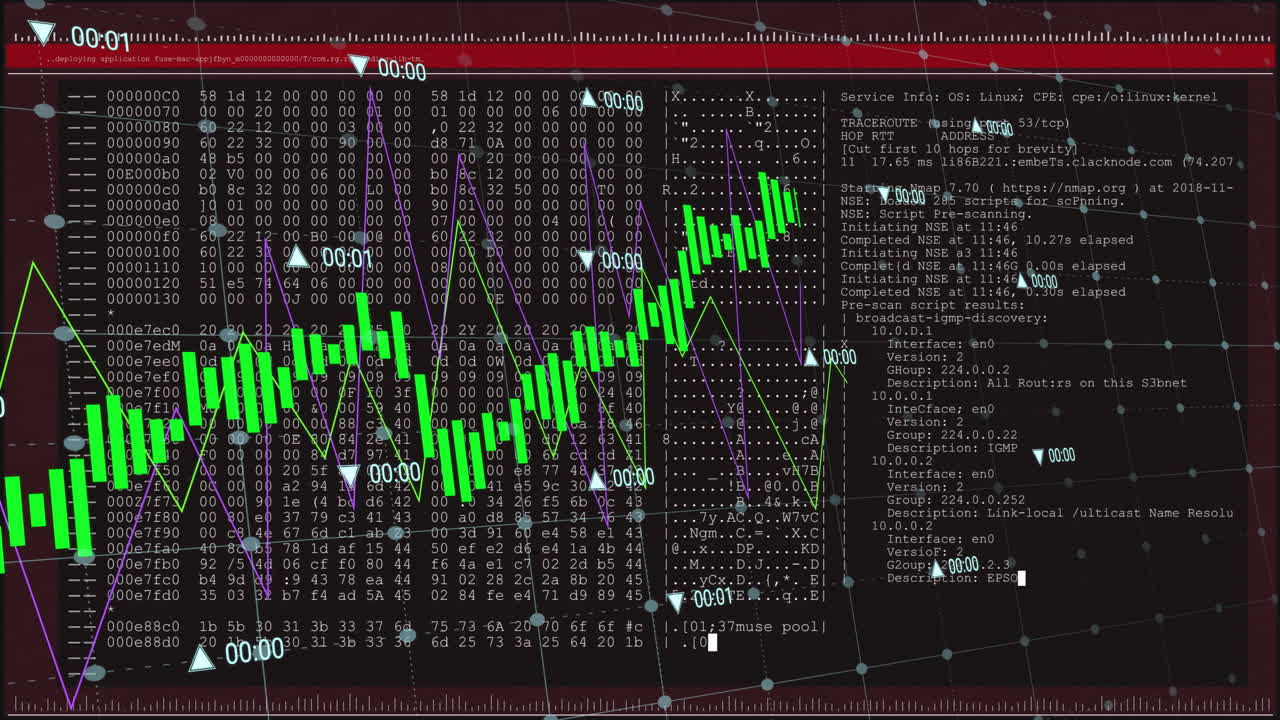 animazione dell'elaborazione dei dati finanziari su schermi su sfondo nero