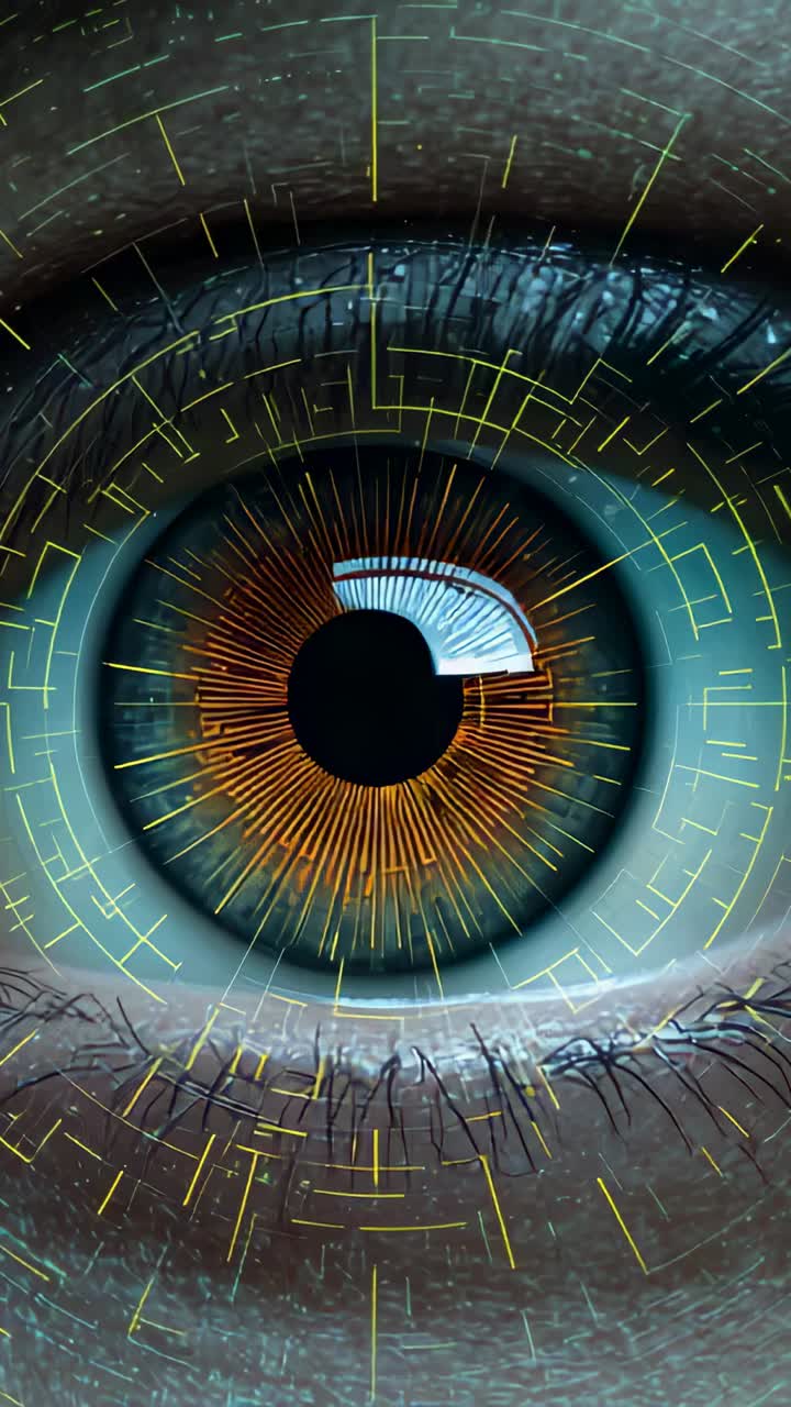 Vertical video: Blinking hazel eye showing HUD overlay in close-up, screen reflection causing blink