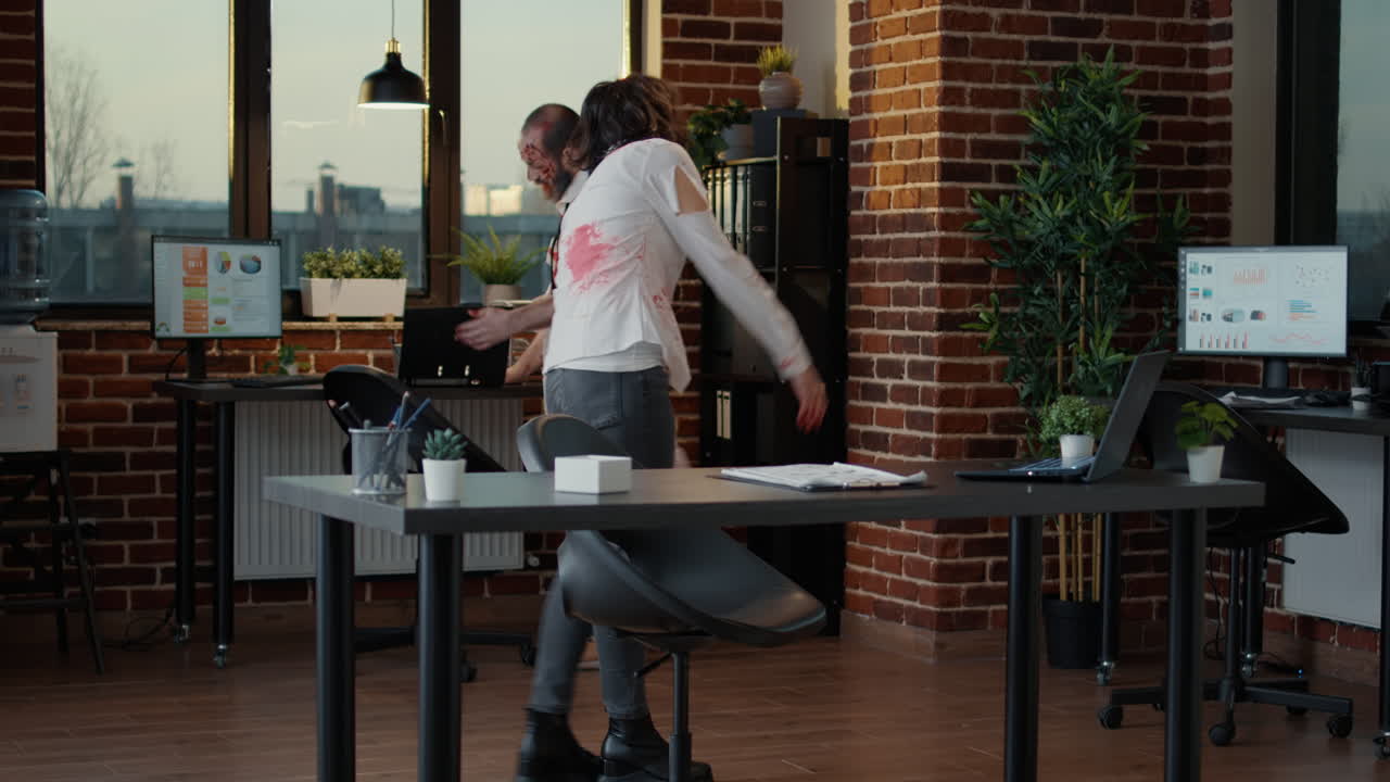 Walking dead office workers with bloody scars wandering in workspace