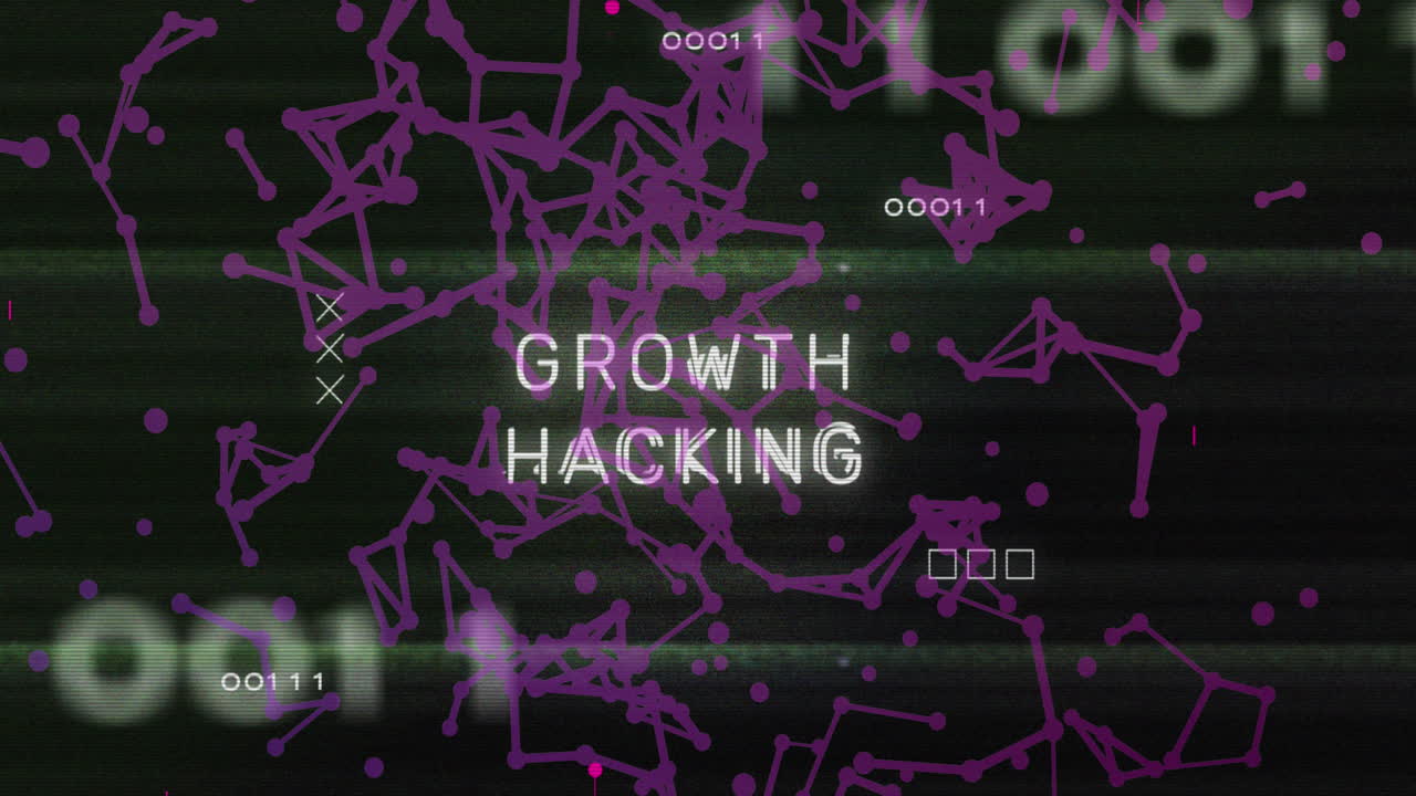 Animation of growth hacking text and data processing over computer motherboard