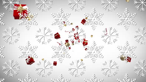 iconos de copos de nieve en un patrón sin costuras contra regalos de navidad, bolas e iconos de caña de caramelo flotantes