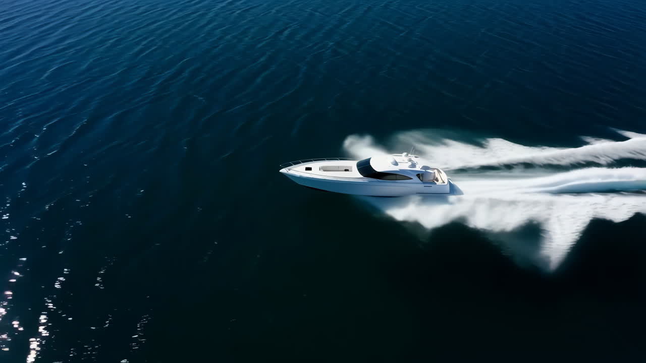Luxury Yacht Speeding Across Dark Blue Water Leaving a Large Wake