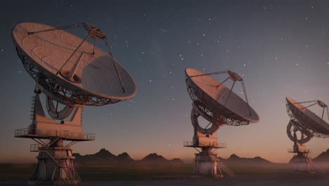 establishing shot of a large radio telescope array in the desert