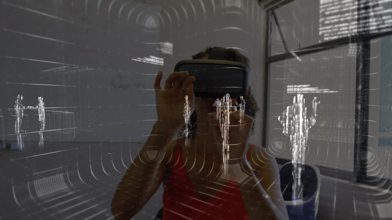 animación del procesamiento de datos sobre una mujer que usa auriculares vr
