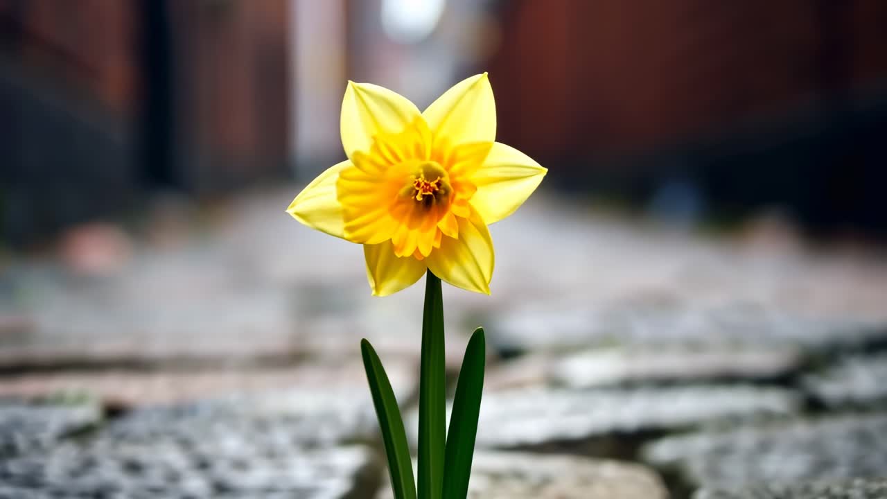 Close-up of a vibrant yellow daffodil in focus, with a blurred background
