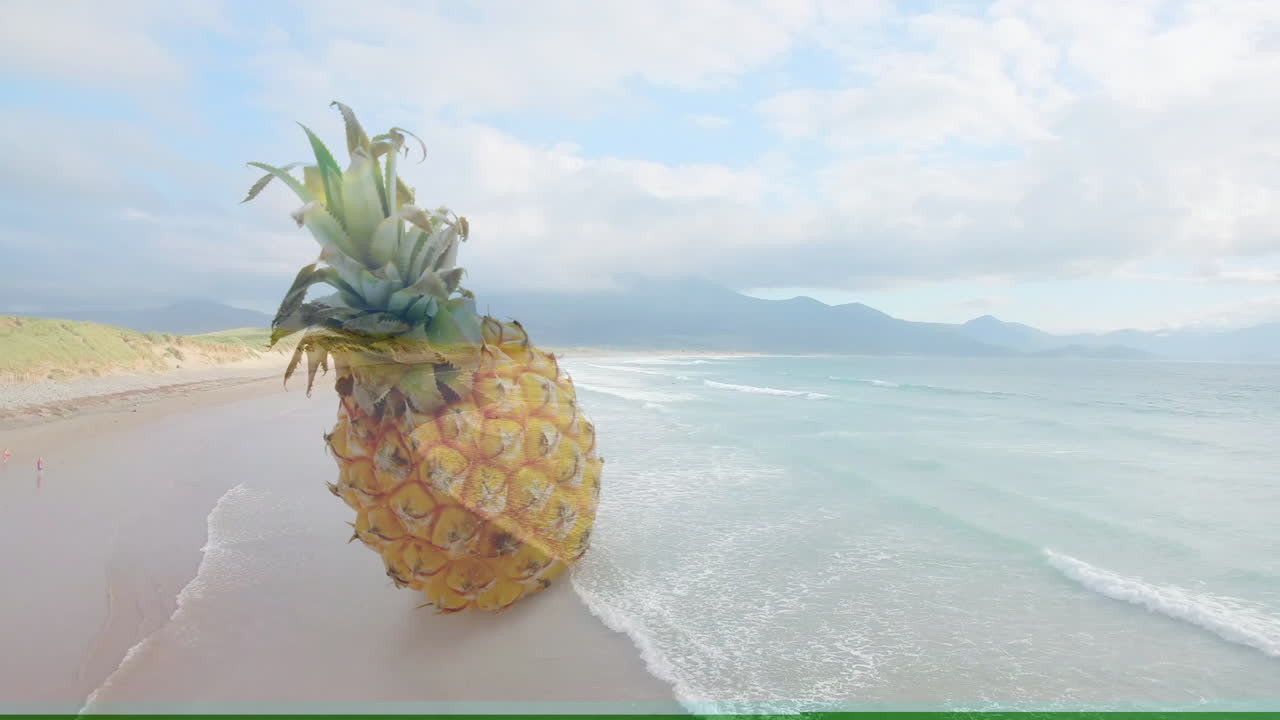 Animation of giant pineapple blending with beach and ocean waves under cloudy sky