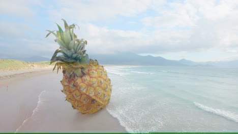 animation of giant pineapple blending with beach and ocean waves under cloudy sky