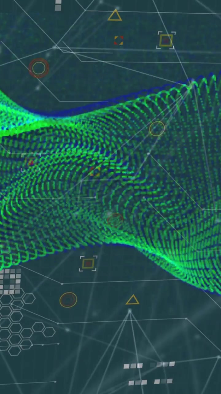 Animation of green digital wave and network of connections against blue background