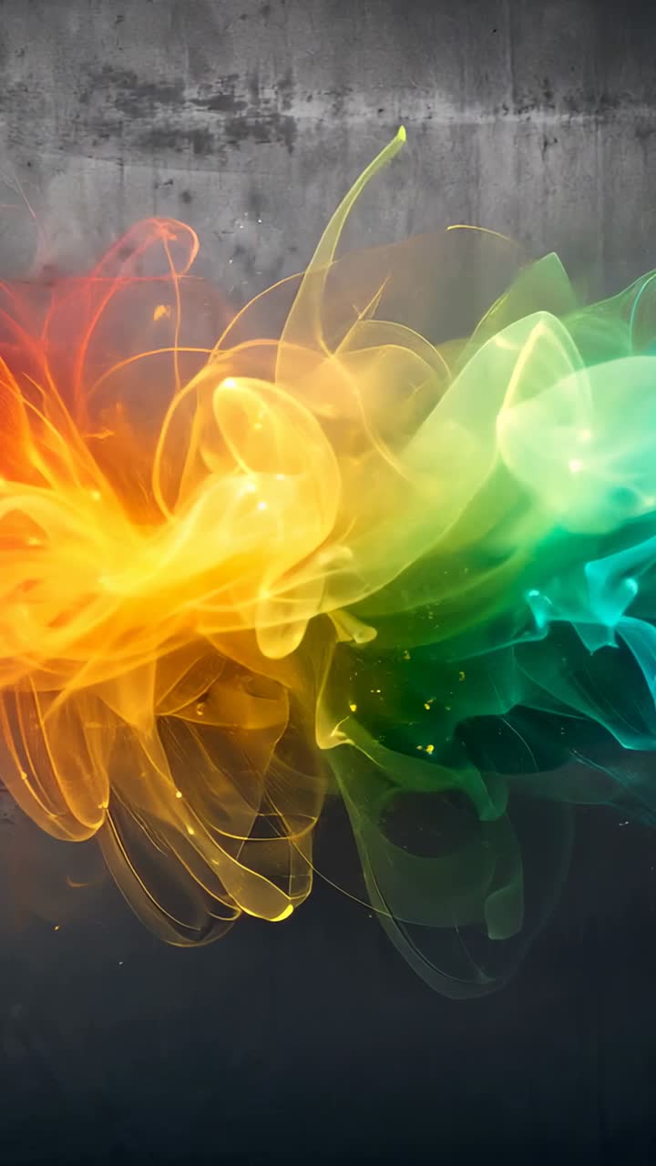 Vertical video: Flowing from orange left edge, colorful smoke plume moving on gray wall with sparks