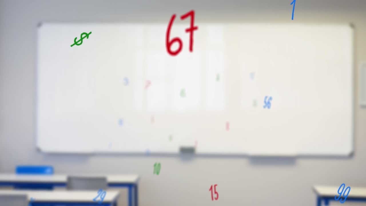 Composizione digitale di numeri e simboli mutevoli che fluttuano su sfondo di aula vuota.