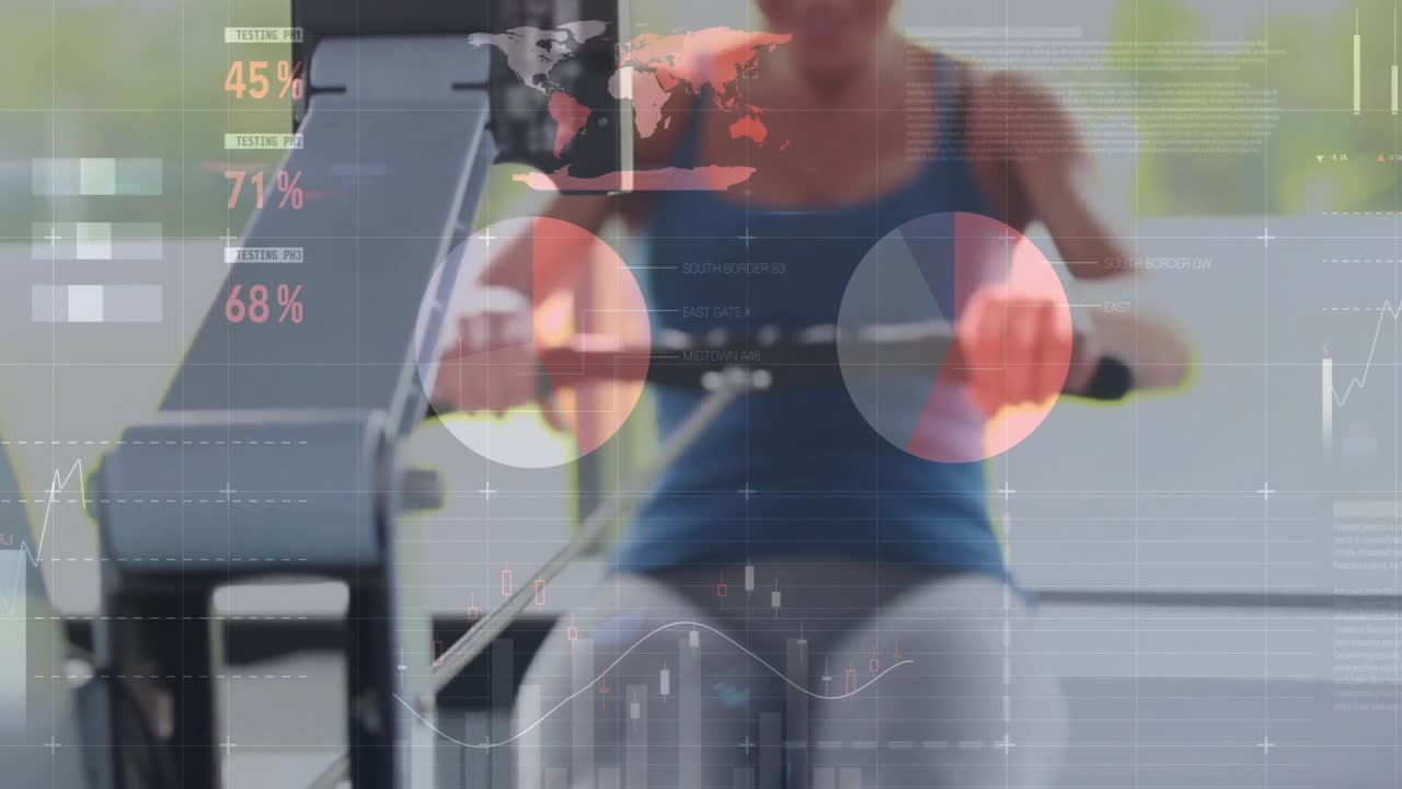 체육관에서 운동하는 백인 여성에 대한 금융 데이터 처리의 애니메이션