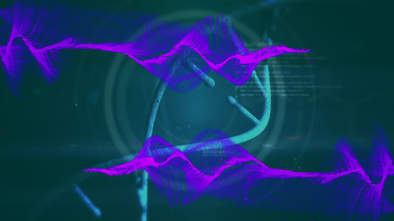 Animation of purple shapes data processing and dna strand