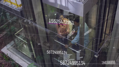 animation of data processing over diverse business people in elevator