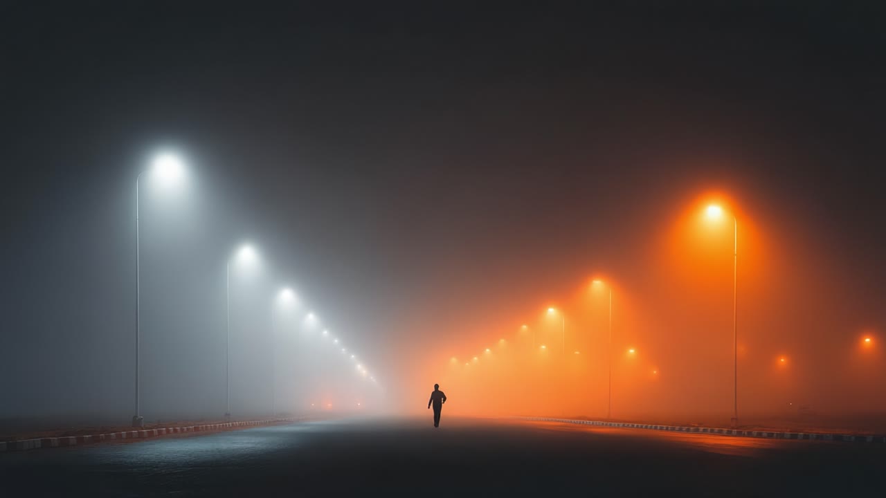 A lone figure stands in a hazy, foggy atmosphere illuminated by streetlights, creating a striking contrast of orange and blue hues as they navigate the twilight scene