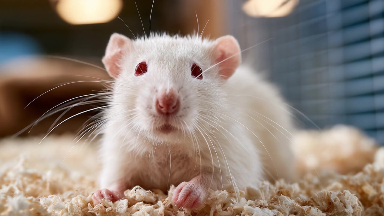 Primo piano dettagliato di un curioso ratto bianco che esplora il suo ambiente con baffi sensibili e occhi rossi brillanti.