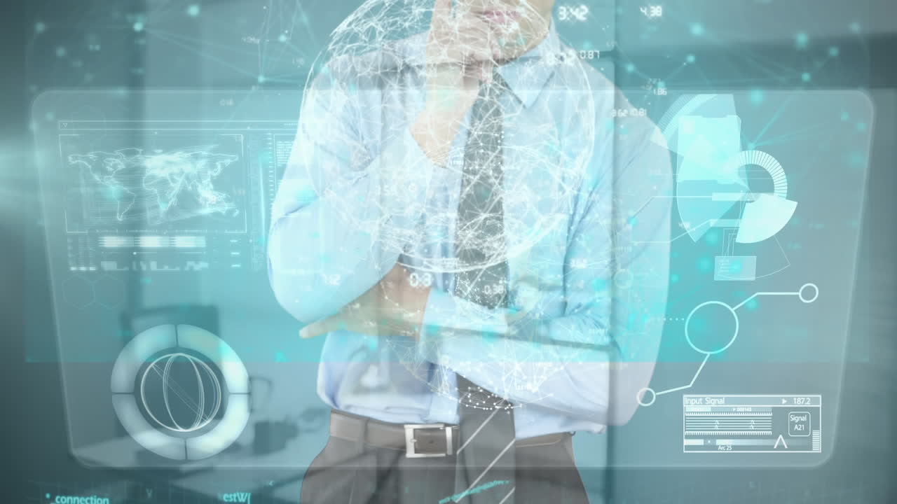 비즈니스맨 터치 스크린을 통해 금융 데이터 처리 및 연결 네트워크의 애니메이션