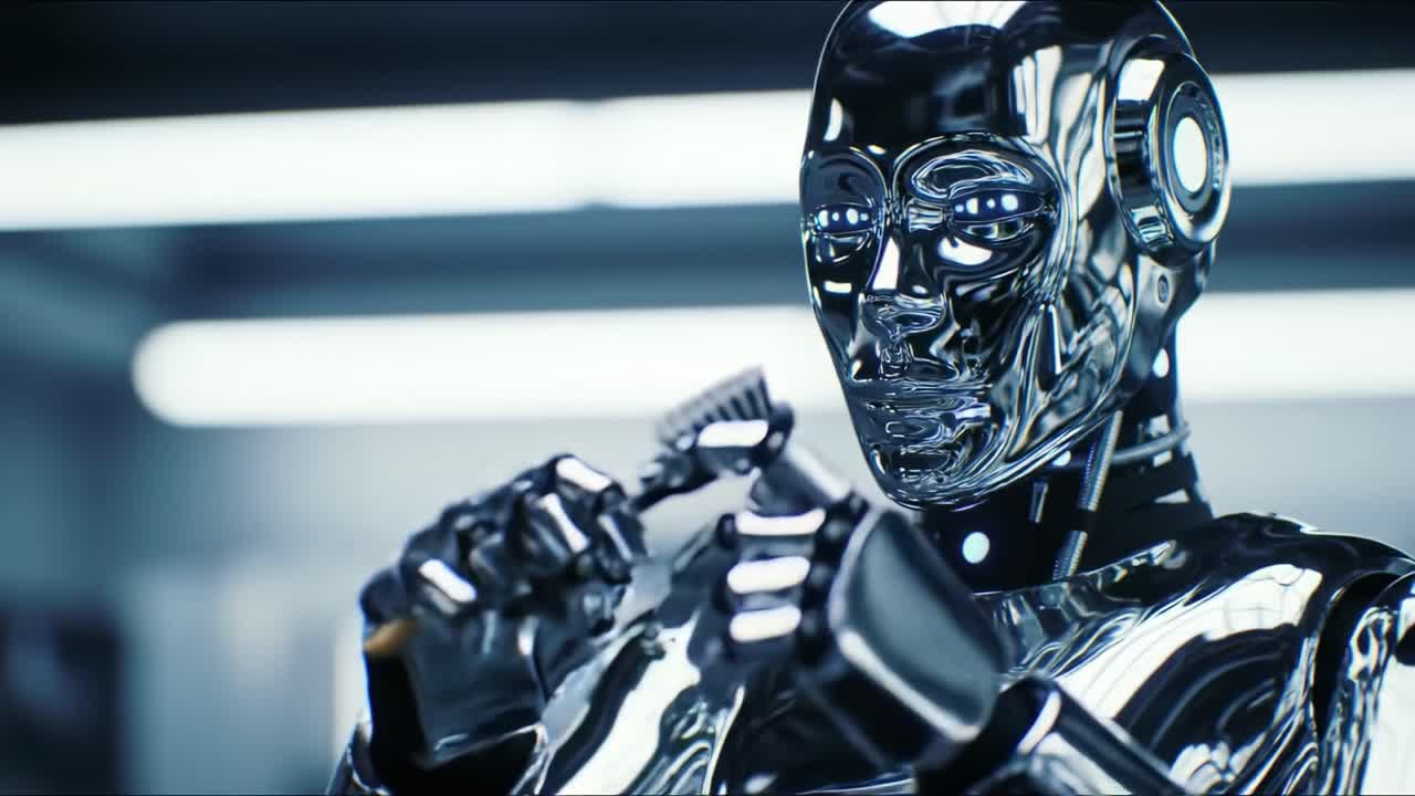 A Futuristic Robotic Figure Examining a Brush, Highlighting the Intersection of Technology and Daily Routines in an Innovative Sci-Fi Context