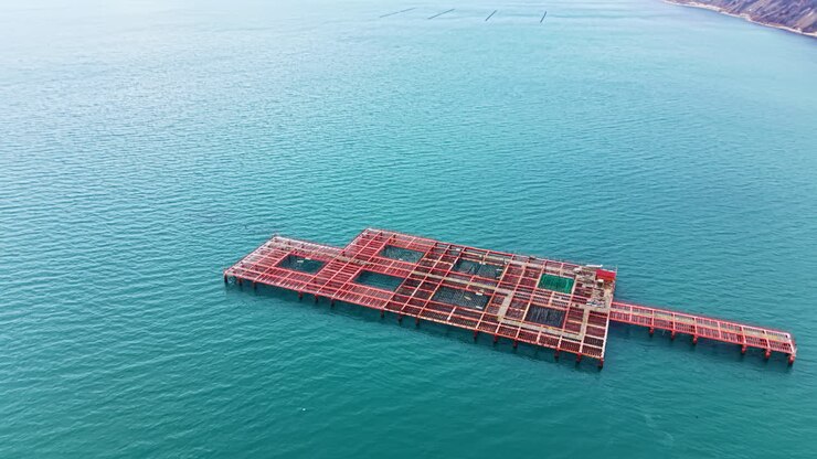 Mussel farm sits on clear sea water near rocky coastline with structures for growing shellfish and equipment for farming activities