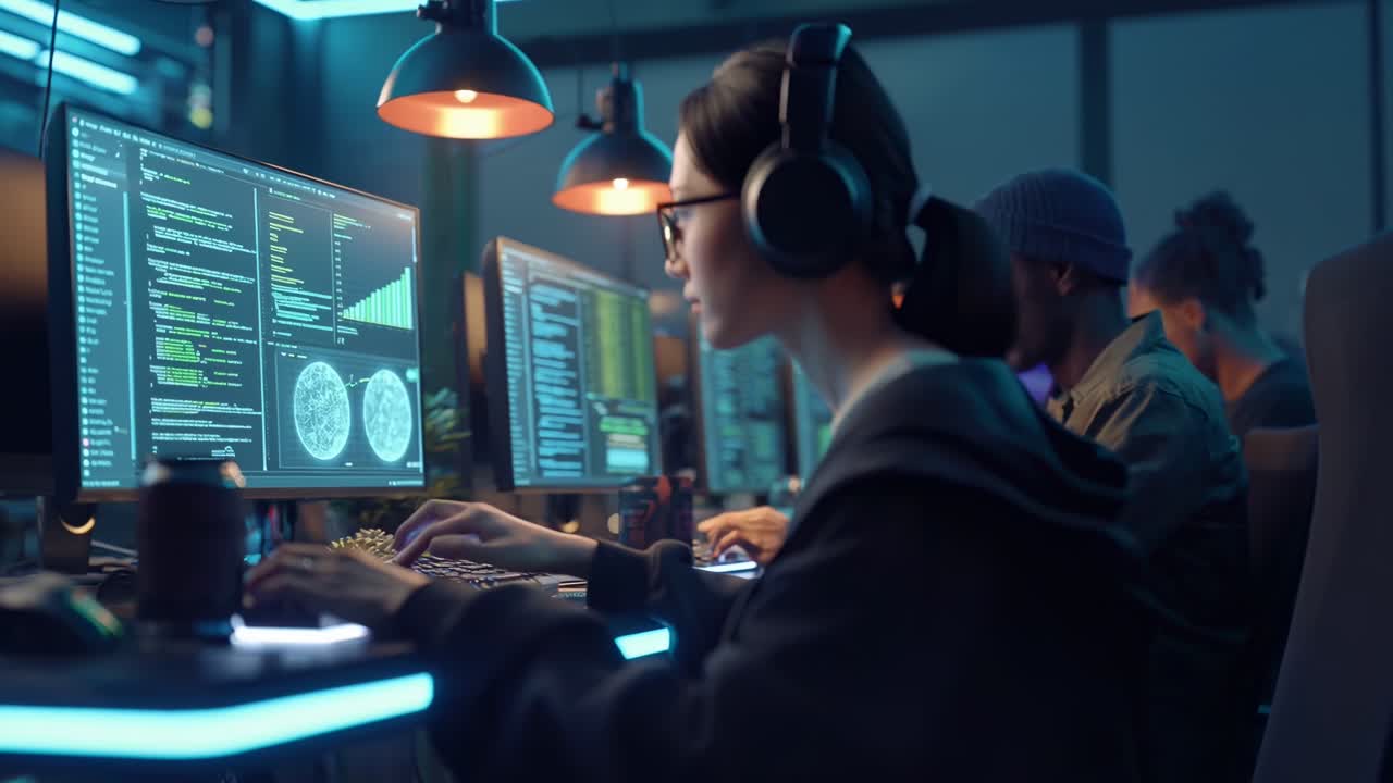 Side angle of programmers coding in a dimly lit office, evoking a cyberpunk video style