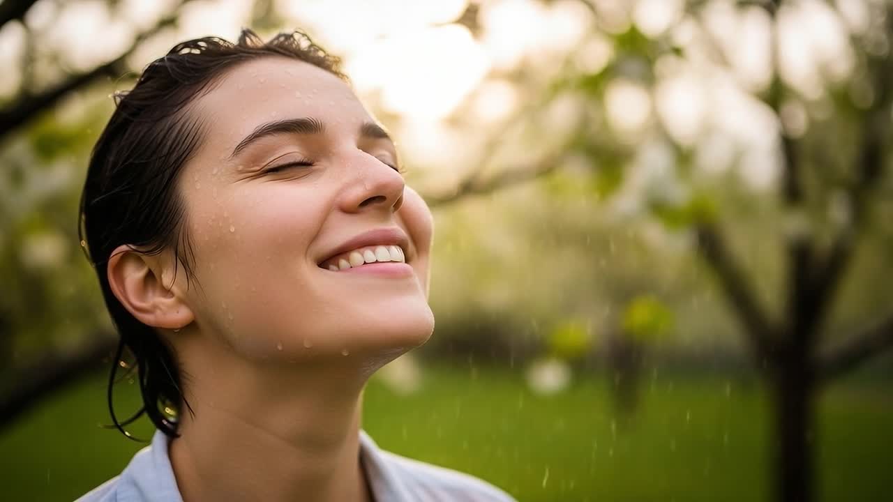 A Serene Moment: A Young Woman Enjoys a Refreshing Rain Shower in an Enchanting Garden, Embracing Nature's Beauty with a Bright Smile and Peaceful Aura
