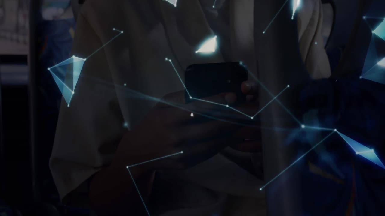 Animation of connected icons and connected dots forming shape over globe against abstract background
