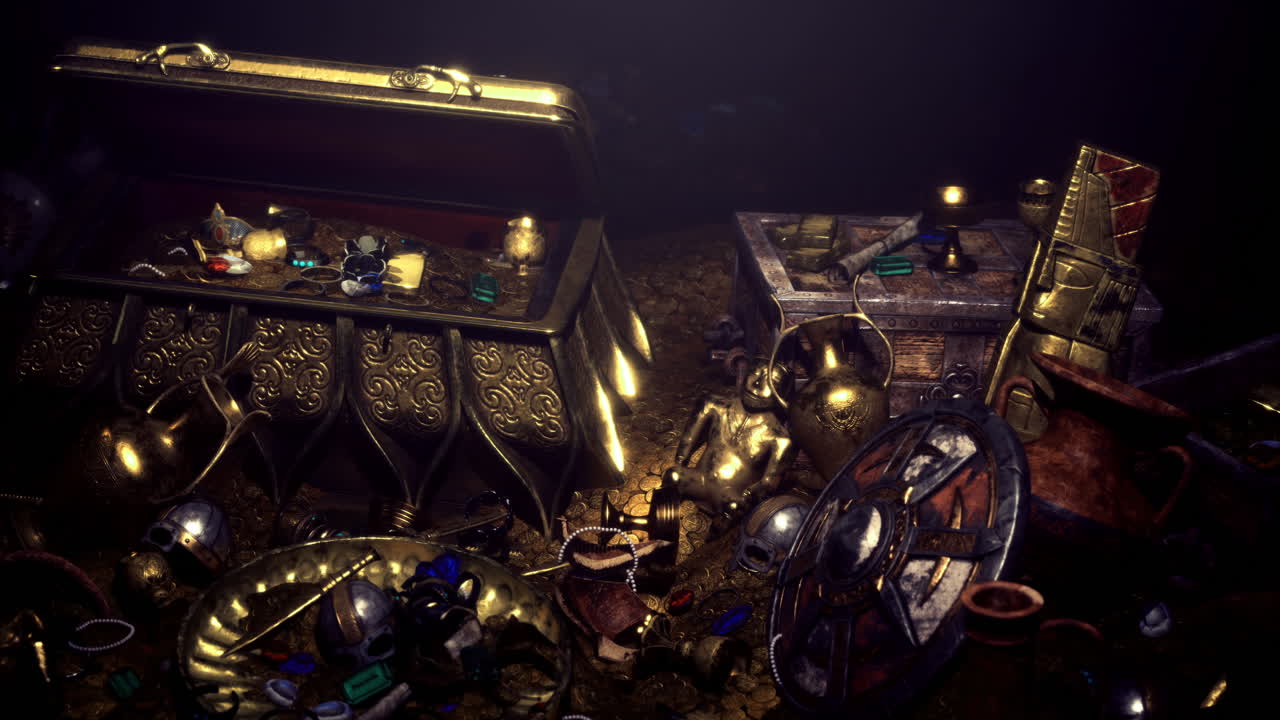보석 과 유물 들 으로 둘러싸인 보물 상자 는 희미 한 조명 에 둘러싸여 있다