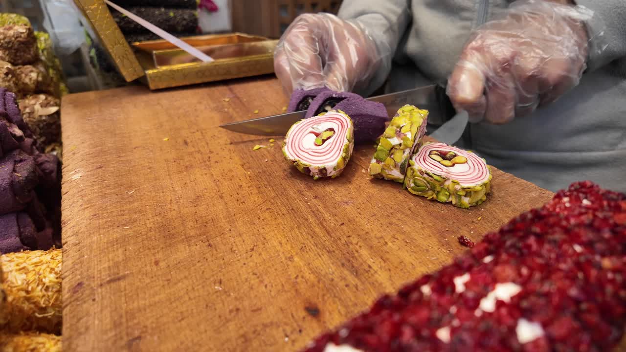 Turkish Delight Being Cut on a Wooden Board