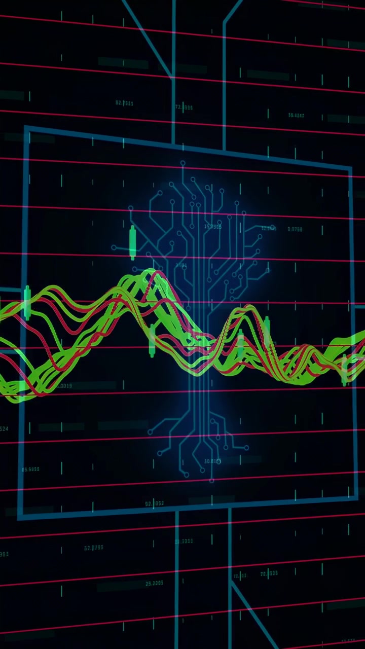 Vertical video: On data pulse neon waveforms sliding, pulsing circuit-tree, showing signal trends