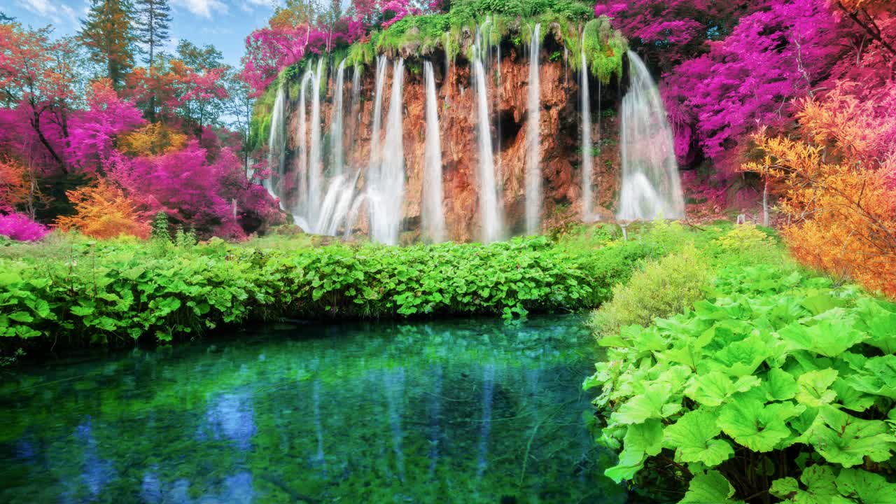 크로아티아의 플리트비체 호수에 있는 폭포의 시네마그래프 영상, 판타지 잎자루 색