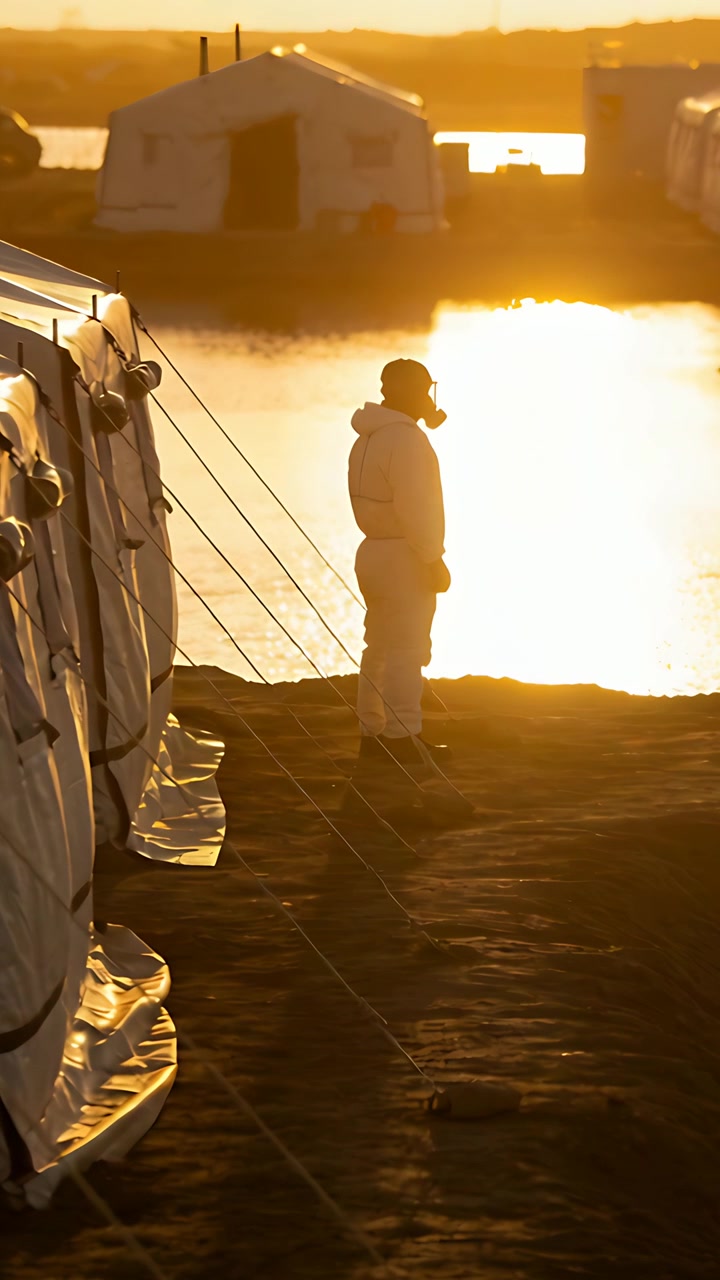 Vertical video: Standing man in white suit with mask watching sunlit water at shore, checking tents