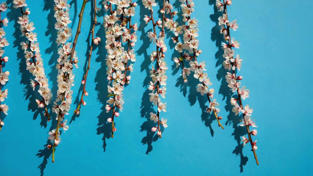 Blooming apricot branches displaying delicate white flowers against soft blue backdrop, presenting elegant spring floral composition revealing natural botanical beauty