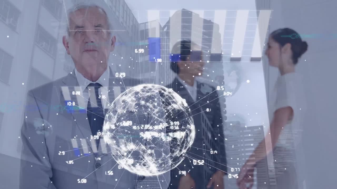 Animación de globo terráqueo con red de conexiones sobre un empresario y un paisaje urbano