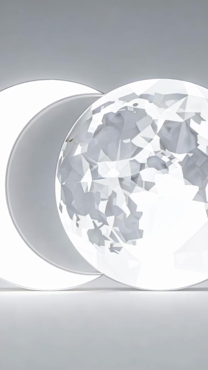 Vertical video: Light shift causing cut-glass orb rotating on stage, glowing ring showing facets