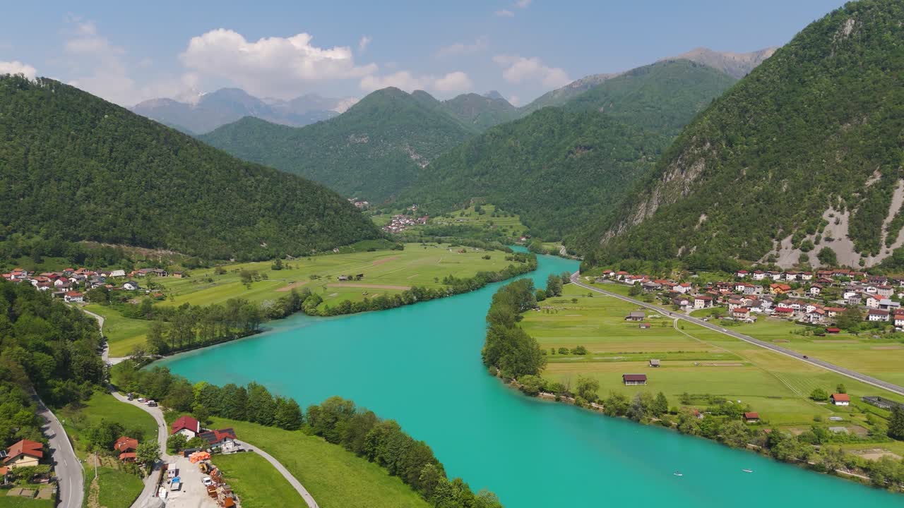 Soca River in Posocje Valley near town of Tolmin. Aerial at day time
