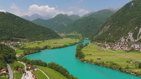 soca river in posocje valley near town of tolmin. aerial at day time