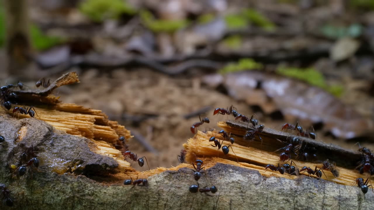 Formiche in primo piano che strisciano su un tronco in decomposizione nella lettiera di foglie della foresta pluviale, formiche operaie che foraggiano lungo la corteccia scheggiata