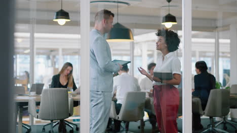 business man boss shaking hands with intern woman manager giving promotion congratulations for successful performance in corporate office workplace 4k