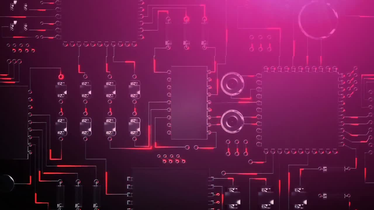 Pink circuit board with red light trails
