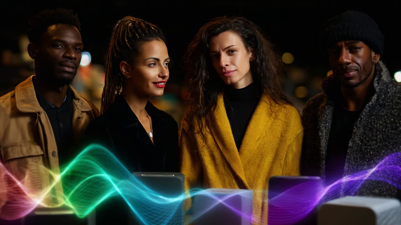 Captivating Group Portrait Featuring Four Stylish Individuals Against a Dark Background, Enhanced by Vibrant Sound Waves, Reflecting Modern Aesthetics and Unique Personalities in a Visually Striking Scene
